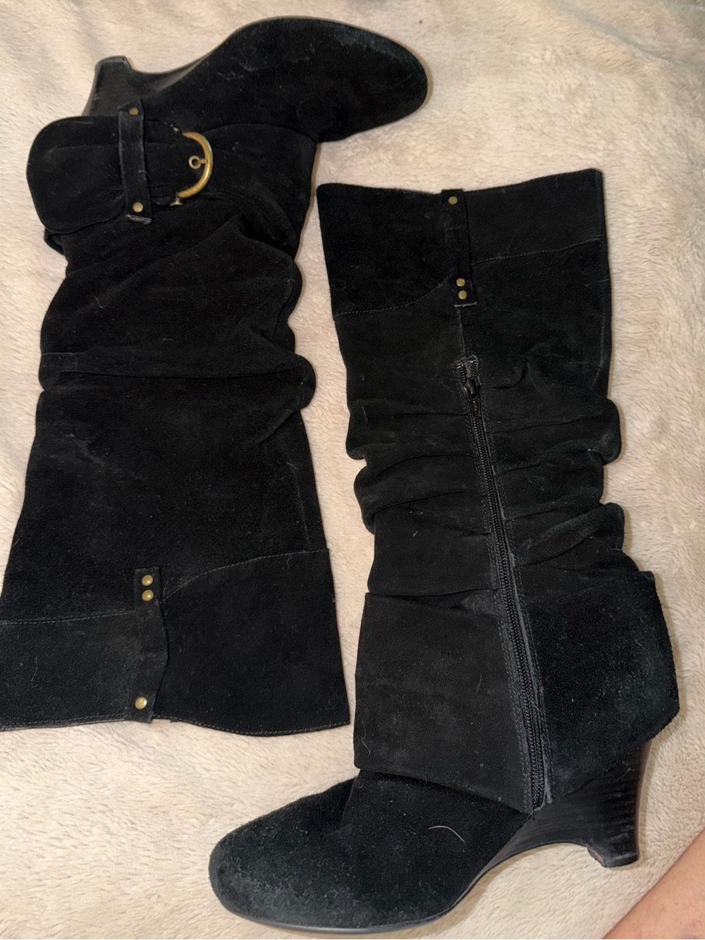Y2k Black Suede Slouch Wedge Boots 9.5